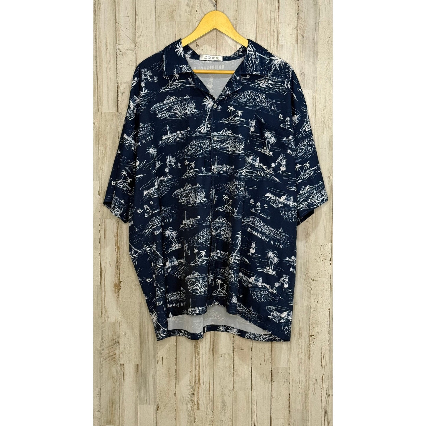 Men's 3XL Hawaiian Shirt Navy Island Print Short Sleeve