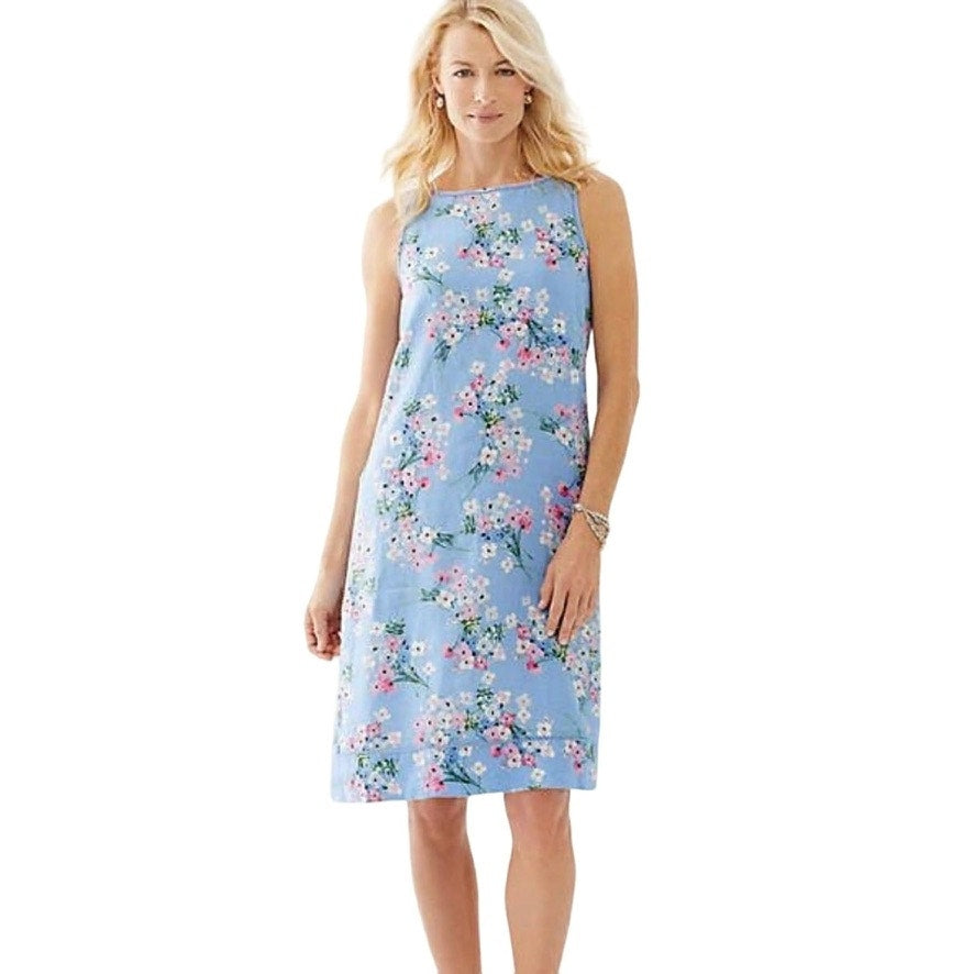 J. Jill Women's Large Blue Floral Linen Sleeveless Knee Length Dress