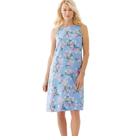 J. Jill Women's Large Blue Floral Linen Sleeveless Knee Length Dress