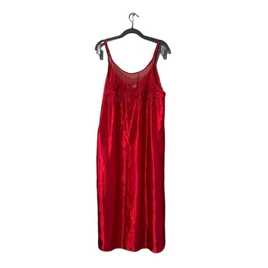 Dentelle Vintage 80s Red Slip Midi Dress / Nightgown with Lace Accents