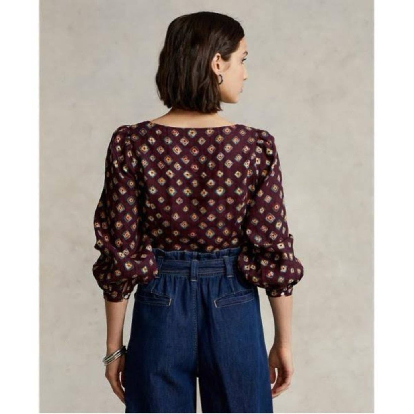 Polo Ralph Lauren Block-Print Linen Button-Front Top Size 12