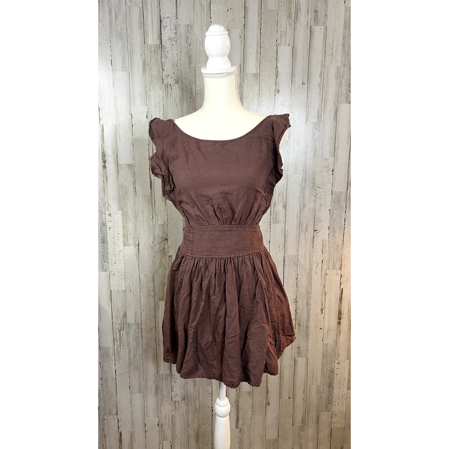 Free People Women's Small Erin Ruffle Sleeve Open Back Skater Mini Dress Brown