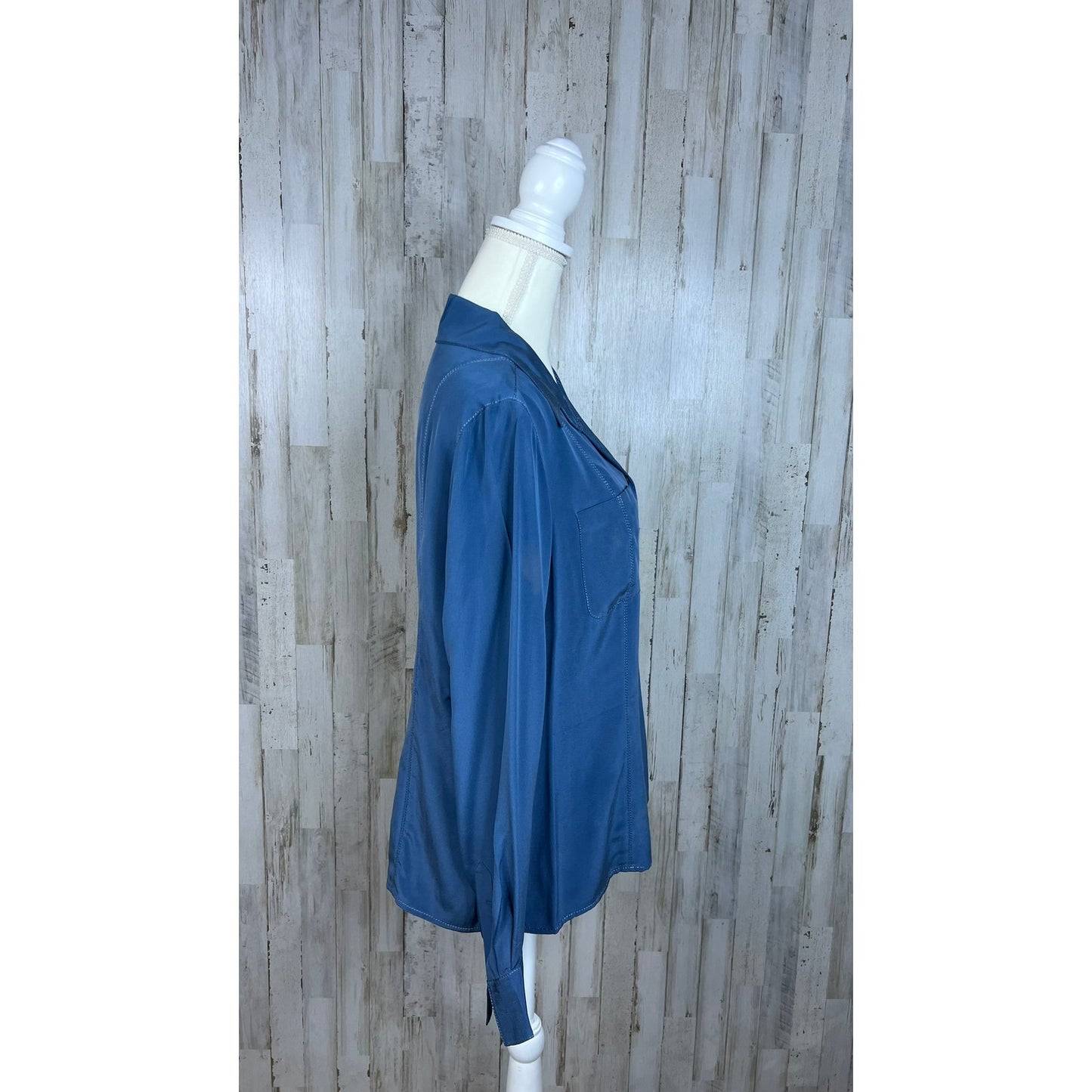 Vintage Katherine Kelly Women's Blue Silk Long Sleeve Blouse Size 14 Casual