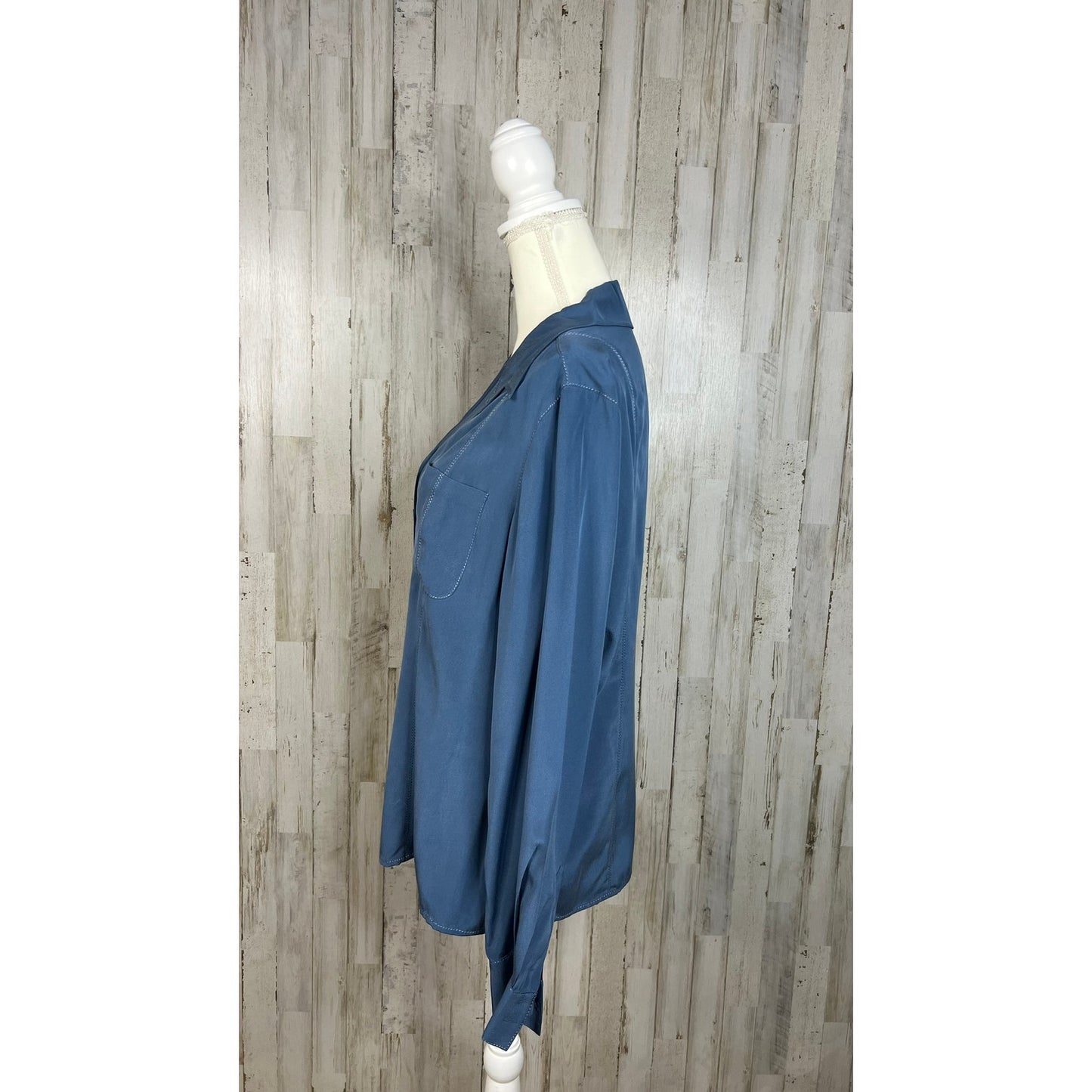 Vintage Katherine Kelly Women's Blue Silk Long Sleeve Blouse Size 14 Casual