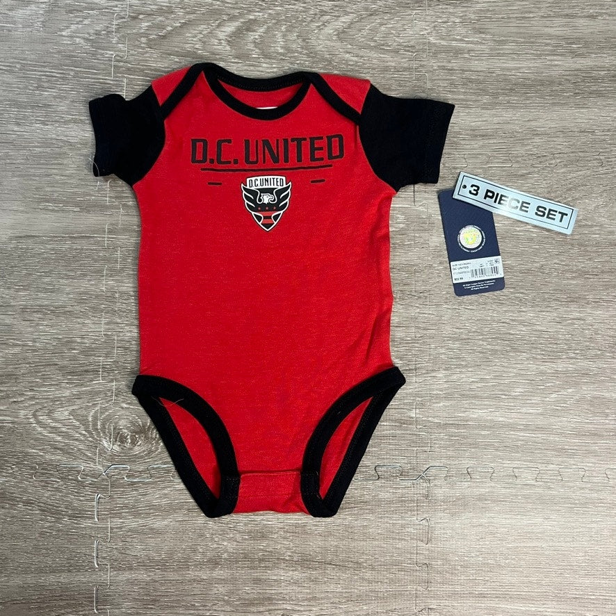 NWT D.C. United Newborn & Infant 3-6 Months 3-Pack Bodysuit Set Black/Red/Gray