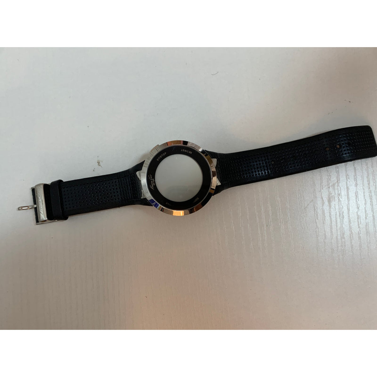 Kenneth Cole Mens Digital Watch Round Silver Black Perforated Leather Not Tested