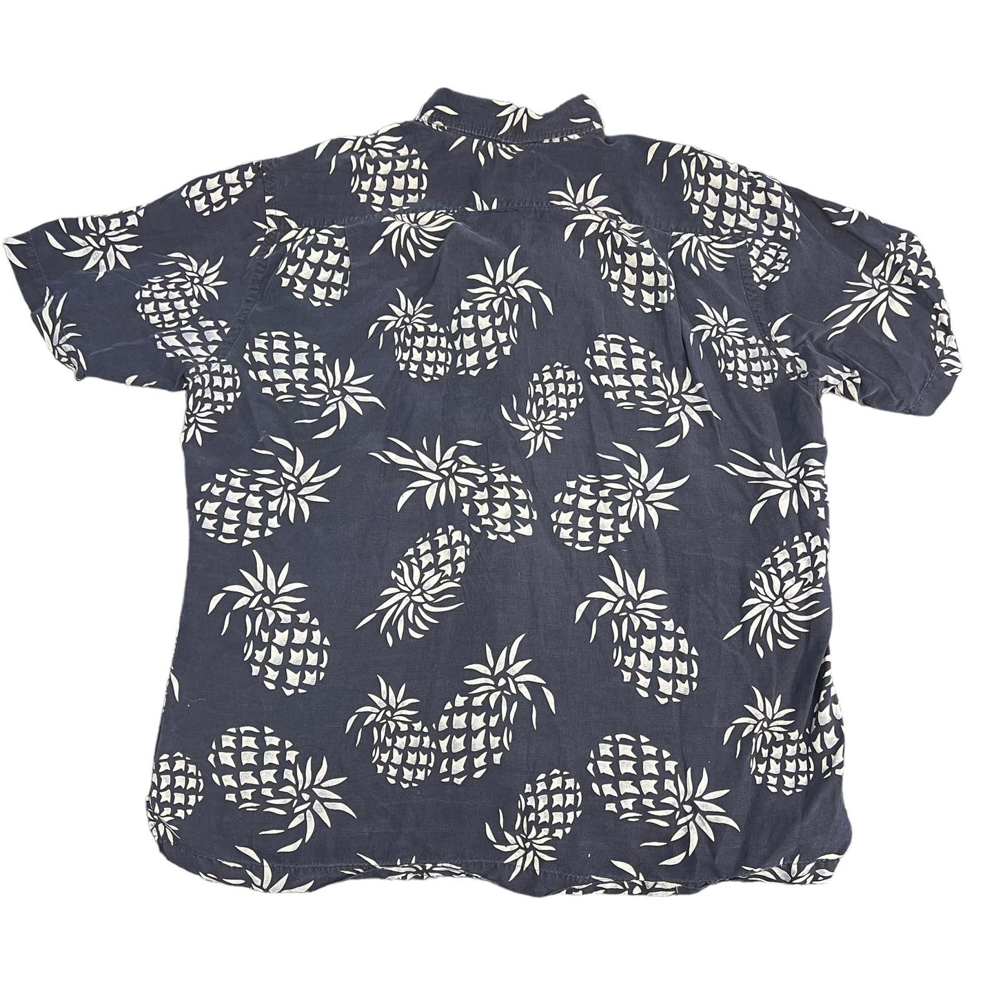 Lands' End Men’s Large Navy Blue Pineapple Print Short Sleeve Button Down Shirt