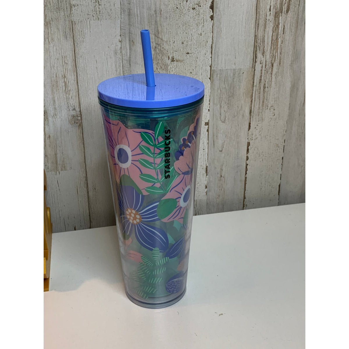 Starbucks Cold Cup Tumbler 24 oz Blue Teal Floral w/ Lid & Straw