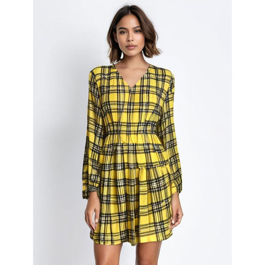 Fancyinn Women's Large Yellow Buffalo Plaid Shift Tunic Dress Long Sleeve V-Neck