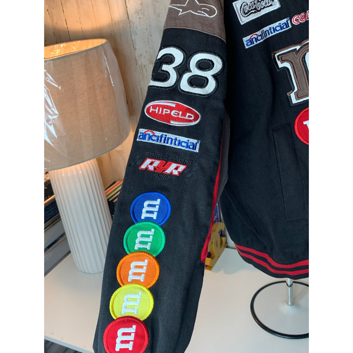 JH Design M&M's NASCAR Racing Varsity Jacket Mens Large Black Snap Front