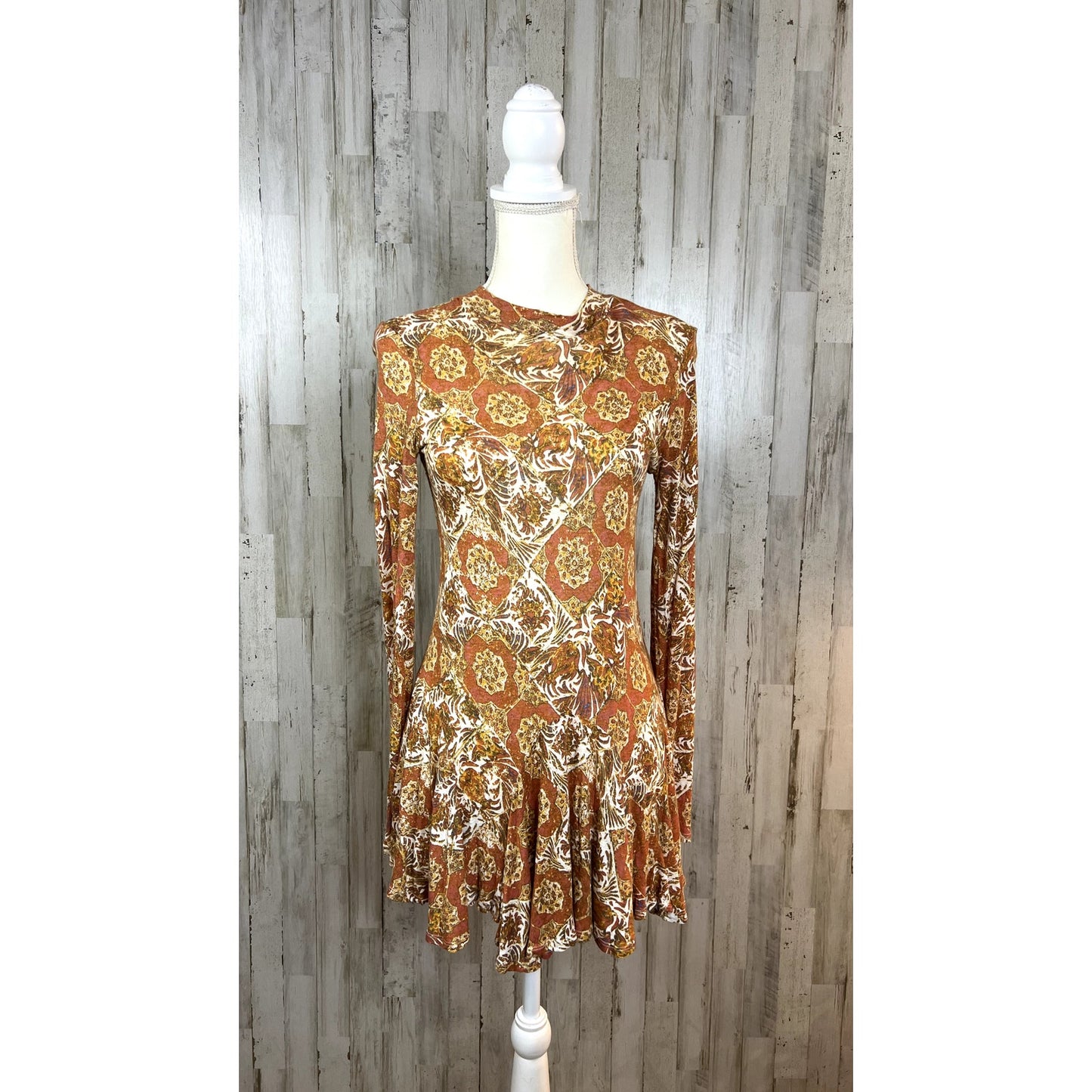 Free People Annabelle Tunic XS Rust Paisley Mock Neck Long Sleeve Peplum Hem