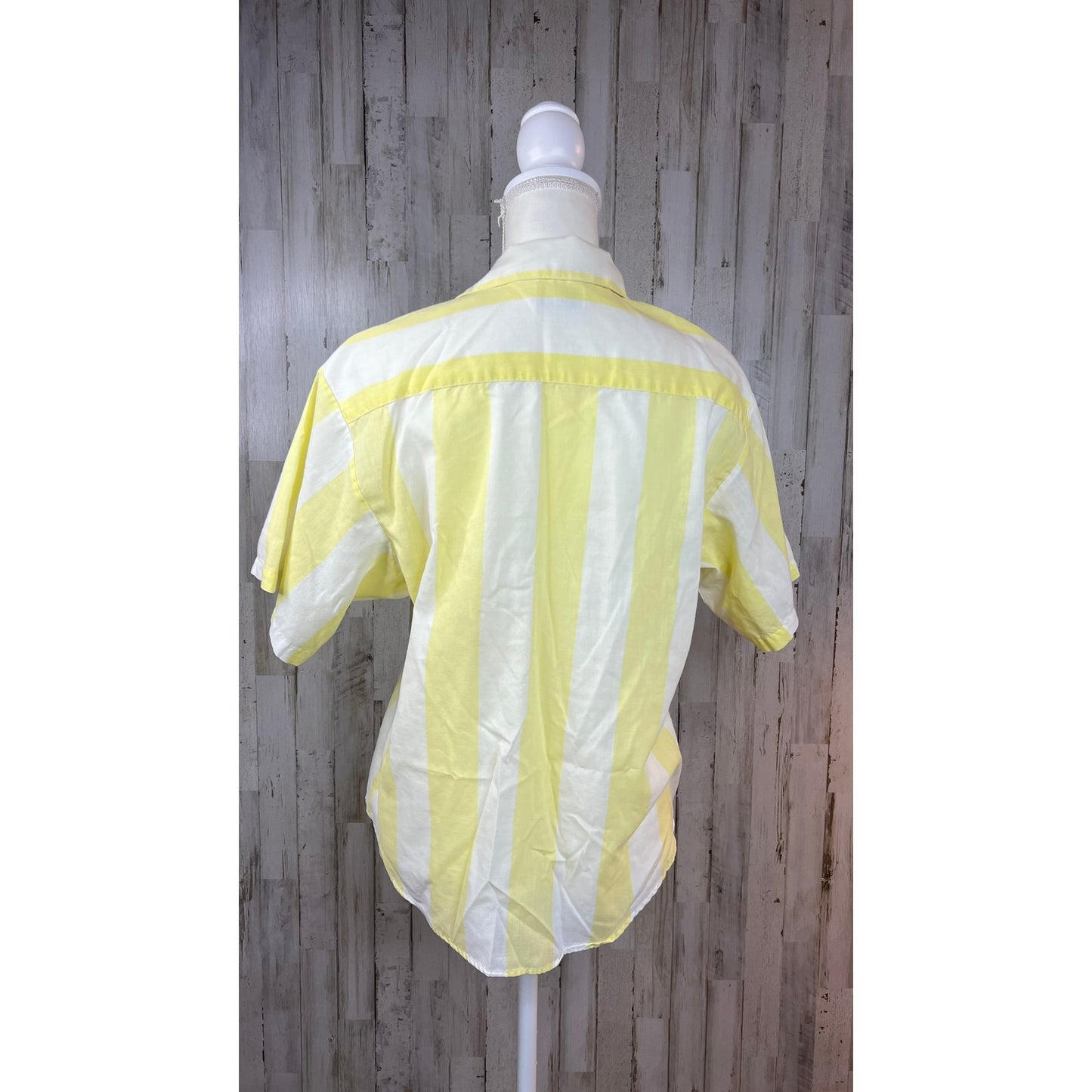 Dunloggin Women's 14 Yellow Striped  Short Sleeve Linen Blend Button-Up Shirt