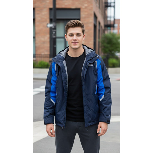 The North Face Mens Hooded Parka Jacket Blue Black Reflective Size Small