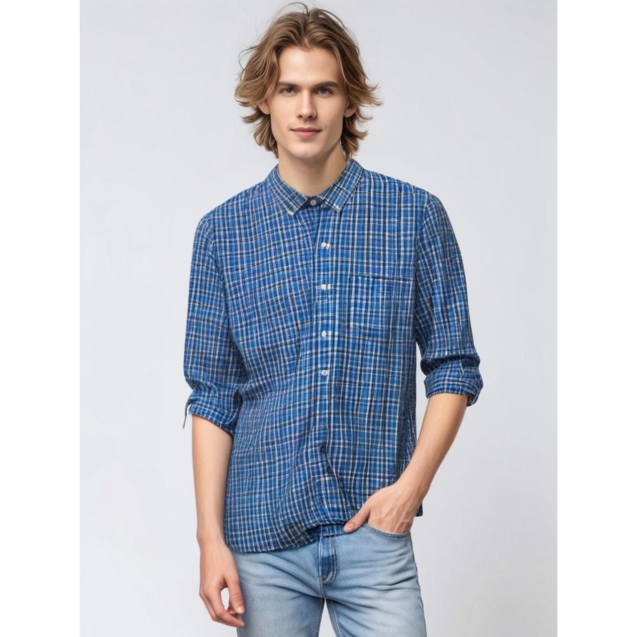 Chaps Men's Blue Plaid Long Sleeve Button-Down Shirt Size Large