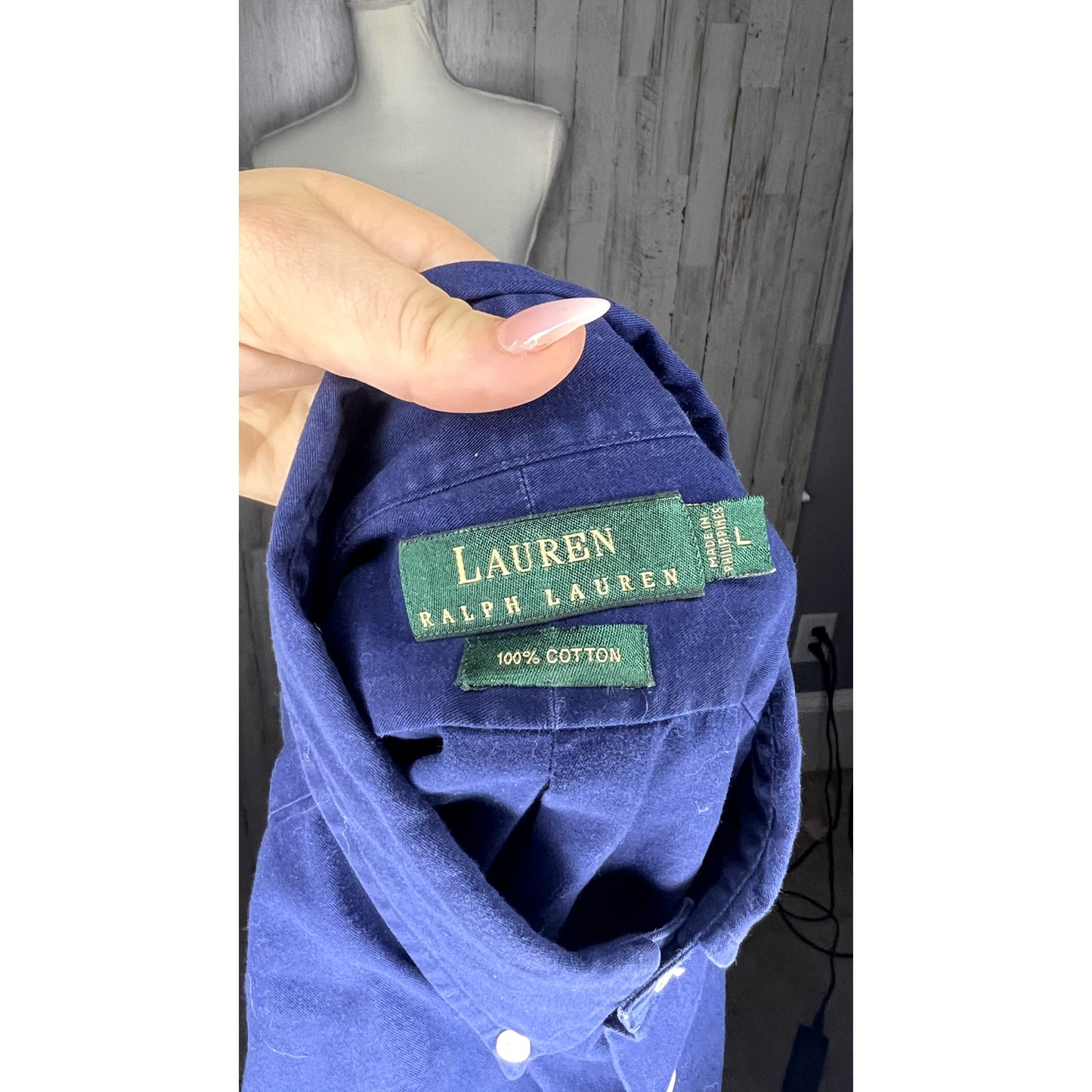 Vintage Lauren Ralph Lauren Men's Large Navy Blue Long Sleeve Button-Up Shirt