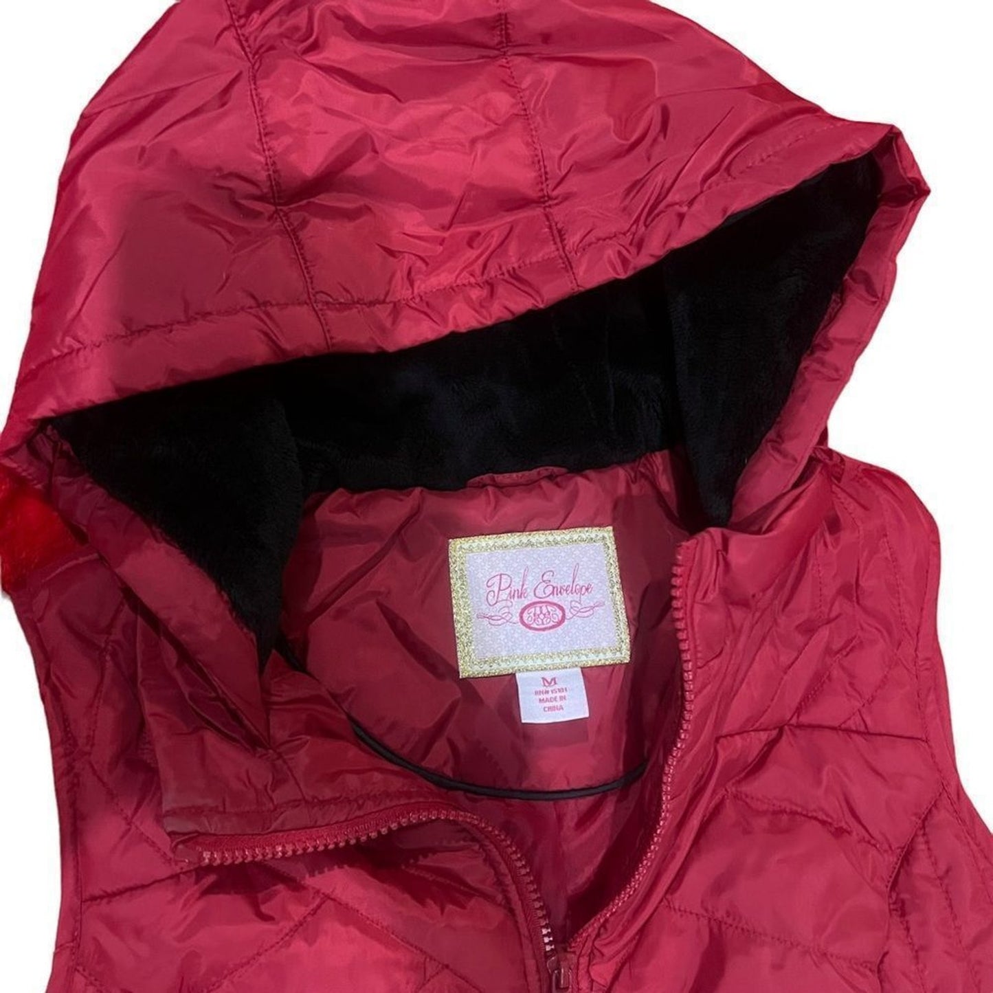 Pink Envelope Women's Hooded Quilted Puffer Vest Red Full Zip Pockets Medium