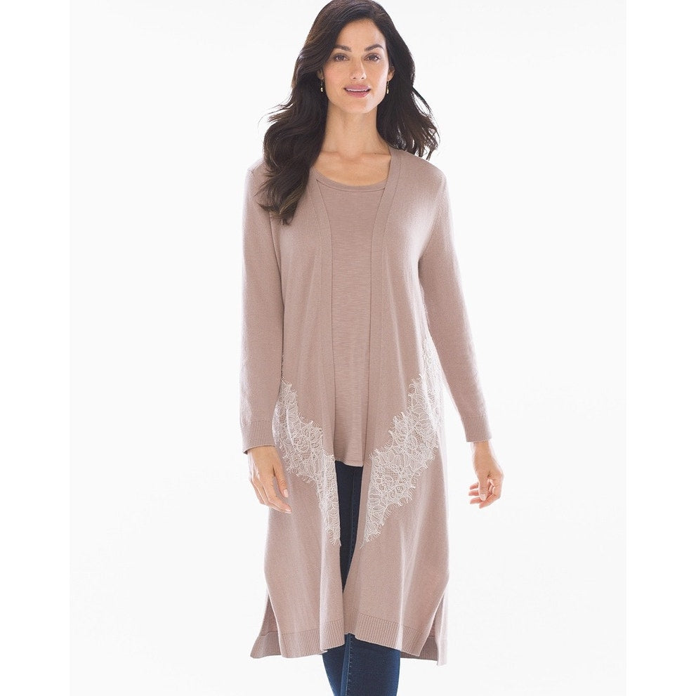 Soma Women's Long Knit Duster Cardigan Lace Trim Pink Size Medium