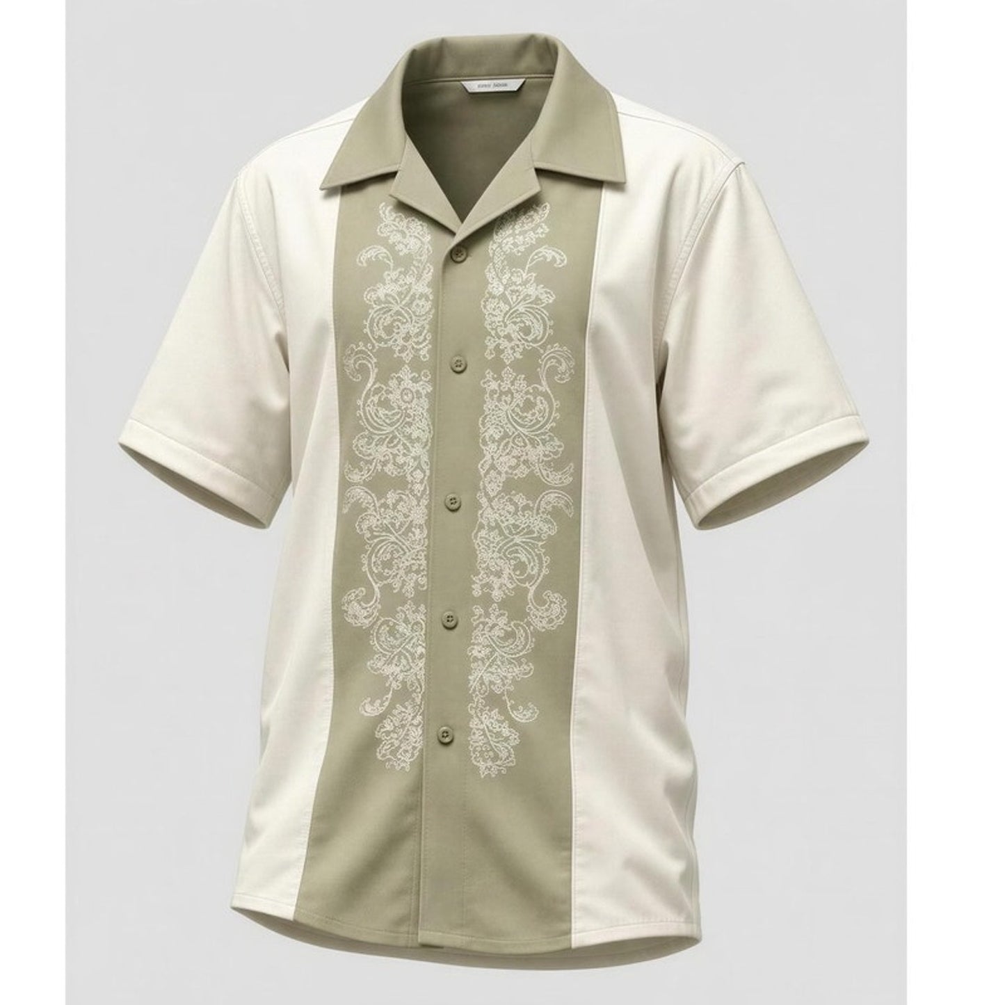 NWT Pronti Men's Size Large Beige Embroidered Short Sleeve Button-Up Shirt
