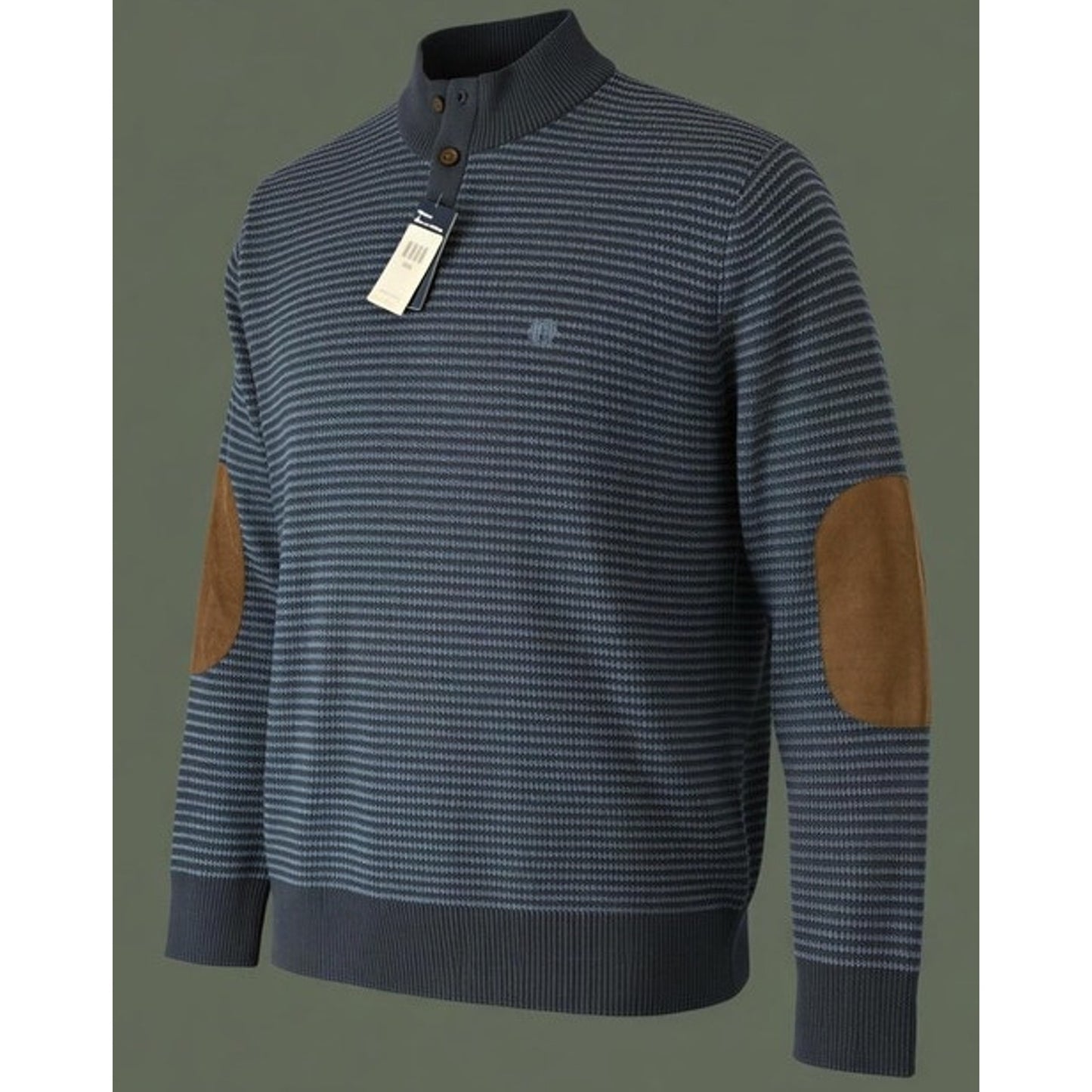 NWT Chaps Henley Sweater Mens 3XB Navy Blue Textured Knit Suede Elbow Patches