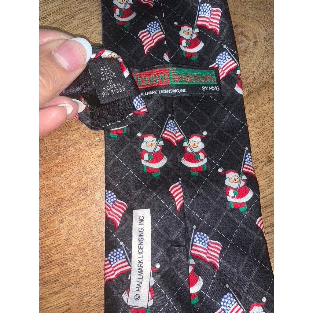 Holiday Traditions Men's Patriotic Santa Claus Silk Necktie Christmas USA Flag