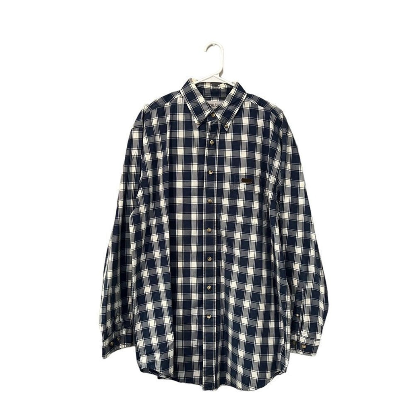Carhartt Button-Up Shirt Mens Large Tall Navy Blue White Plaid Check Long Sleeve