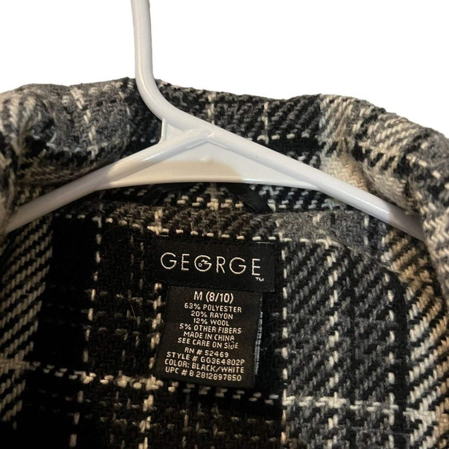 George Coat Womens Medium Wool Black/White Plaid Longline Overcoat Button Front