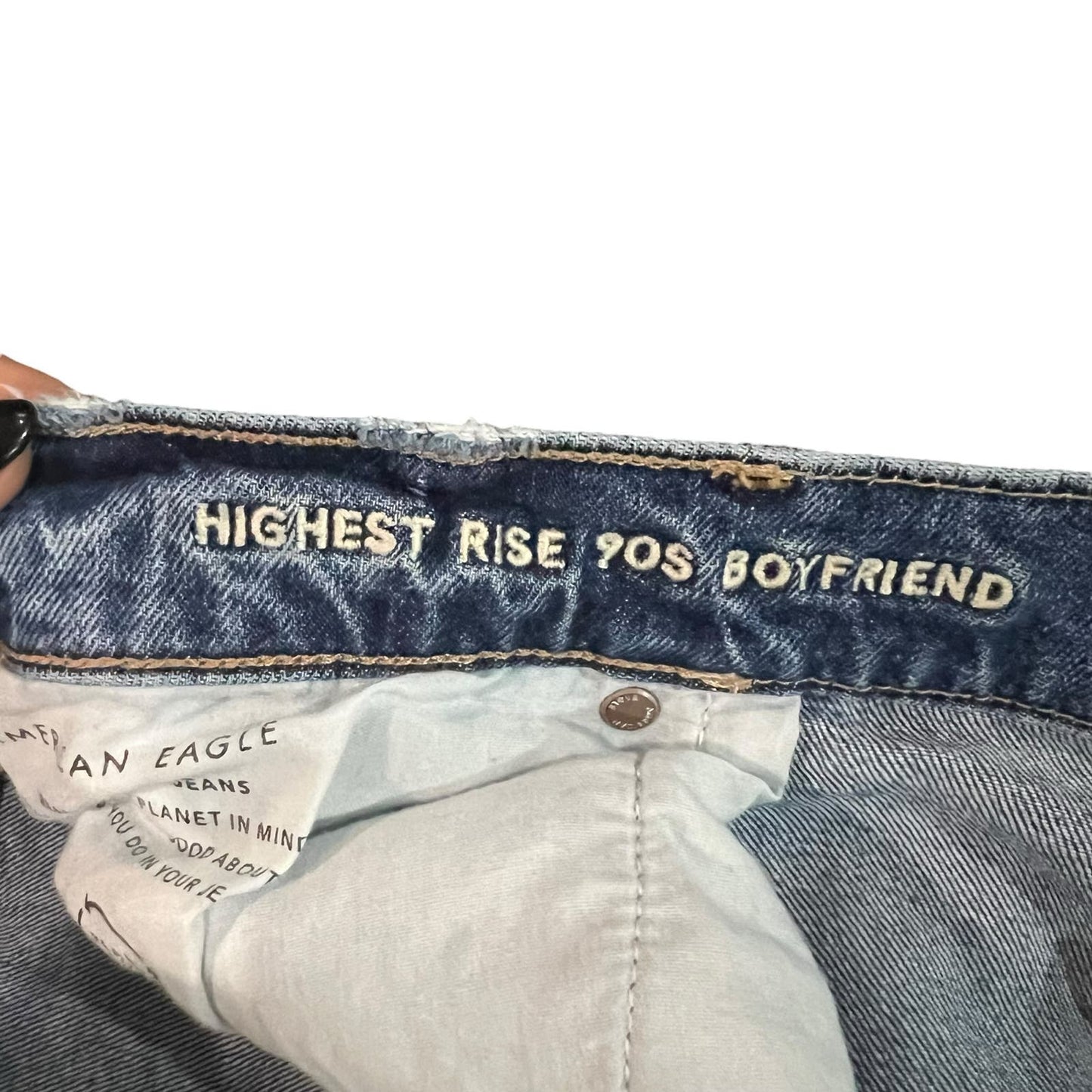 American Eagle High Rise '90s Boyfriend Jeans Stretch Whiskered Blue Women's 20S