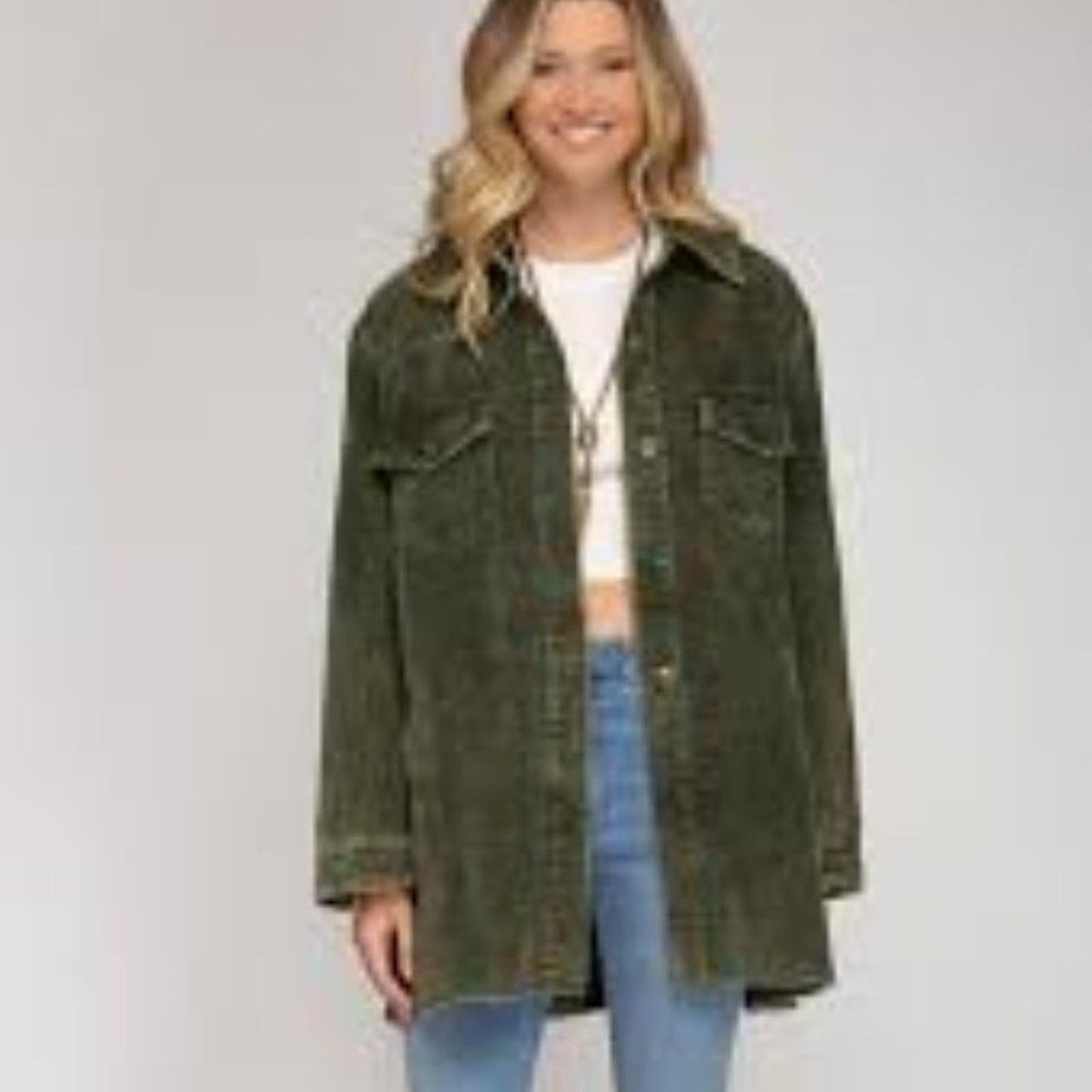 Women's Size Large Distressed Olive Green Corduroy Jacket/Shacket