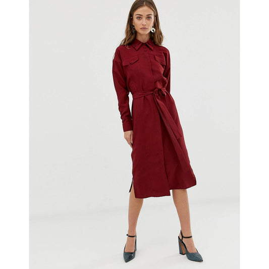 ASOS Women's 12 Red Midi Long Sleeve Button Front Tie Waist Shirt Dress w/ Slit