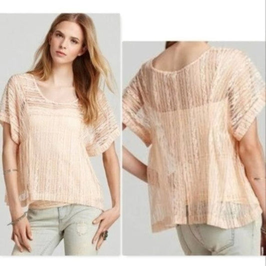 Free People Peach Tea Lace Short Sleeve Top XS Boho Cream/Pink Multicolor Blouse