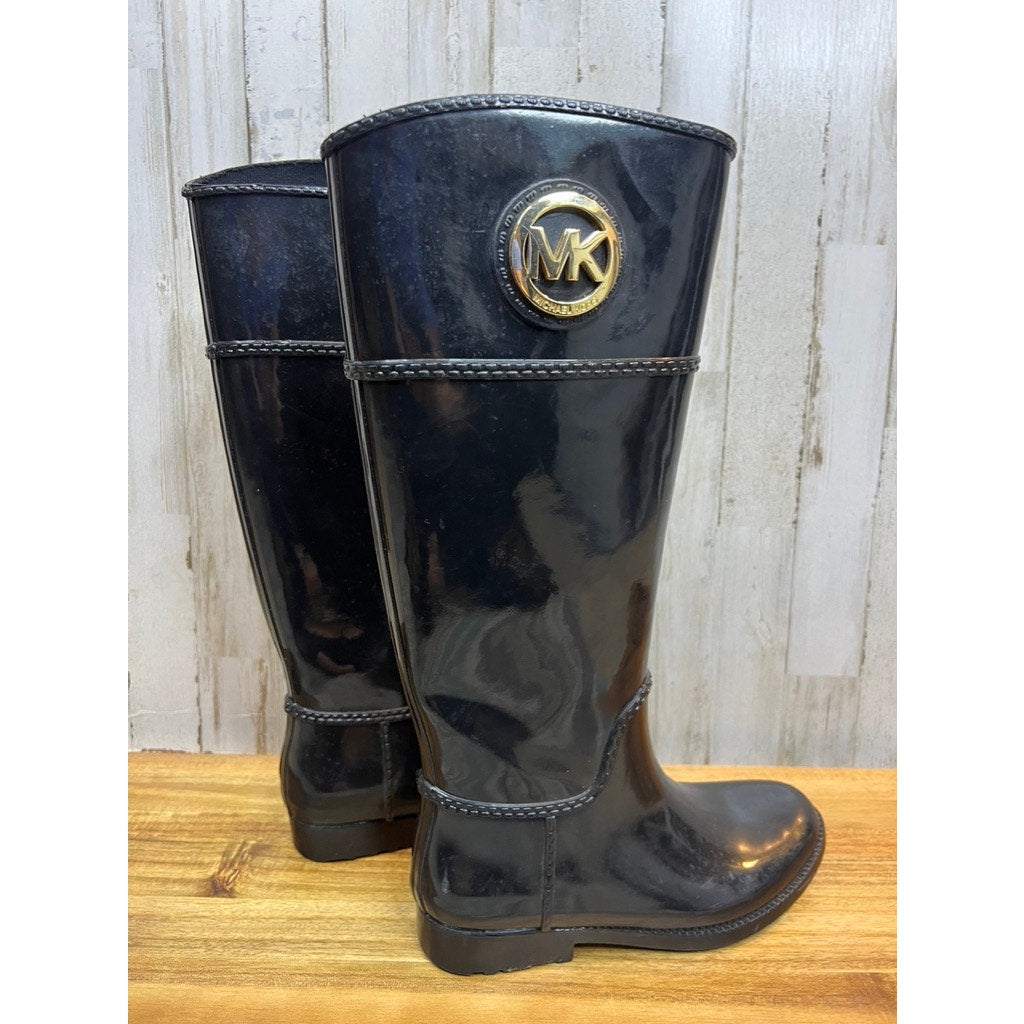 Michael Kors Women's Shiny Black Knee-High Rain Boots with Gold MK Logo Size 6