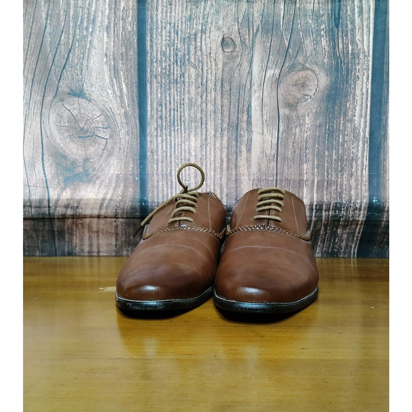 Men's Oxford Dress Shoes Brown Lace Up Braided Trim Almond