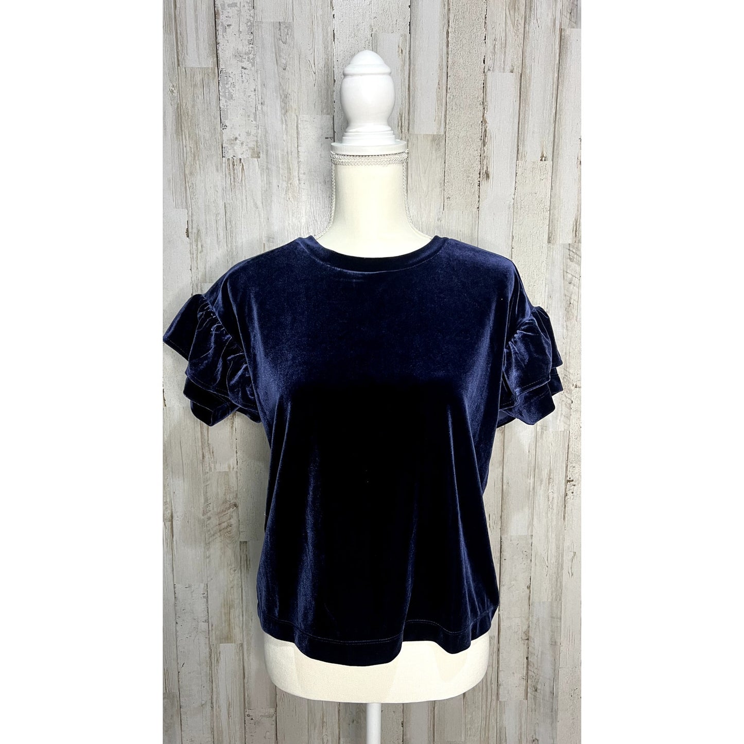 Madewell Women's XS Blue Velvet Ruffle Sleeve Tee Casual Fall Top