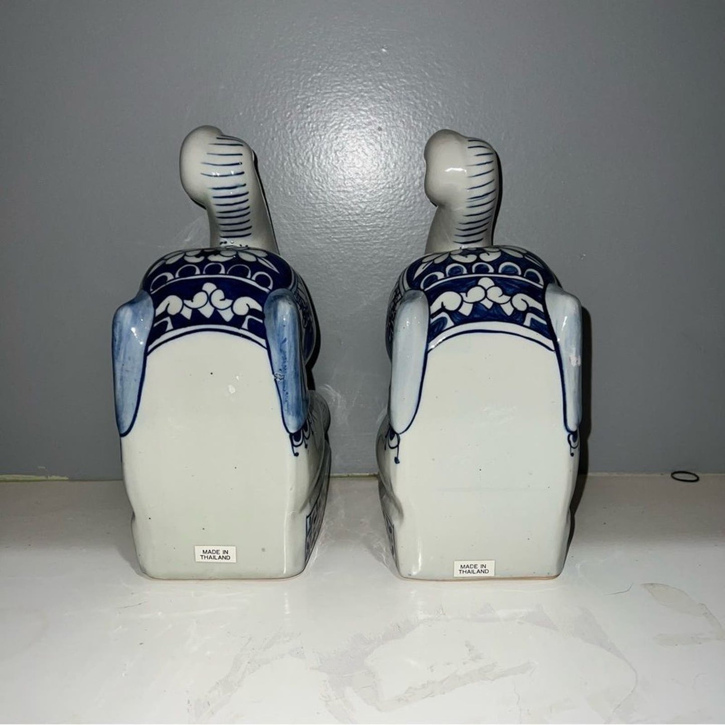 Pair of Vintage Blue White Ceramic Asian Elephant Bookends Nora Fenton Thai