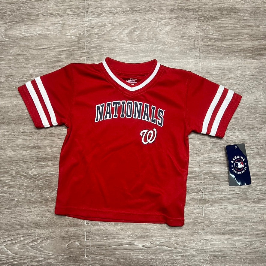 NWT Washington Nationals Kids V-Neck Red Jersey Shirt Size 12M Short Sleeve