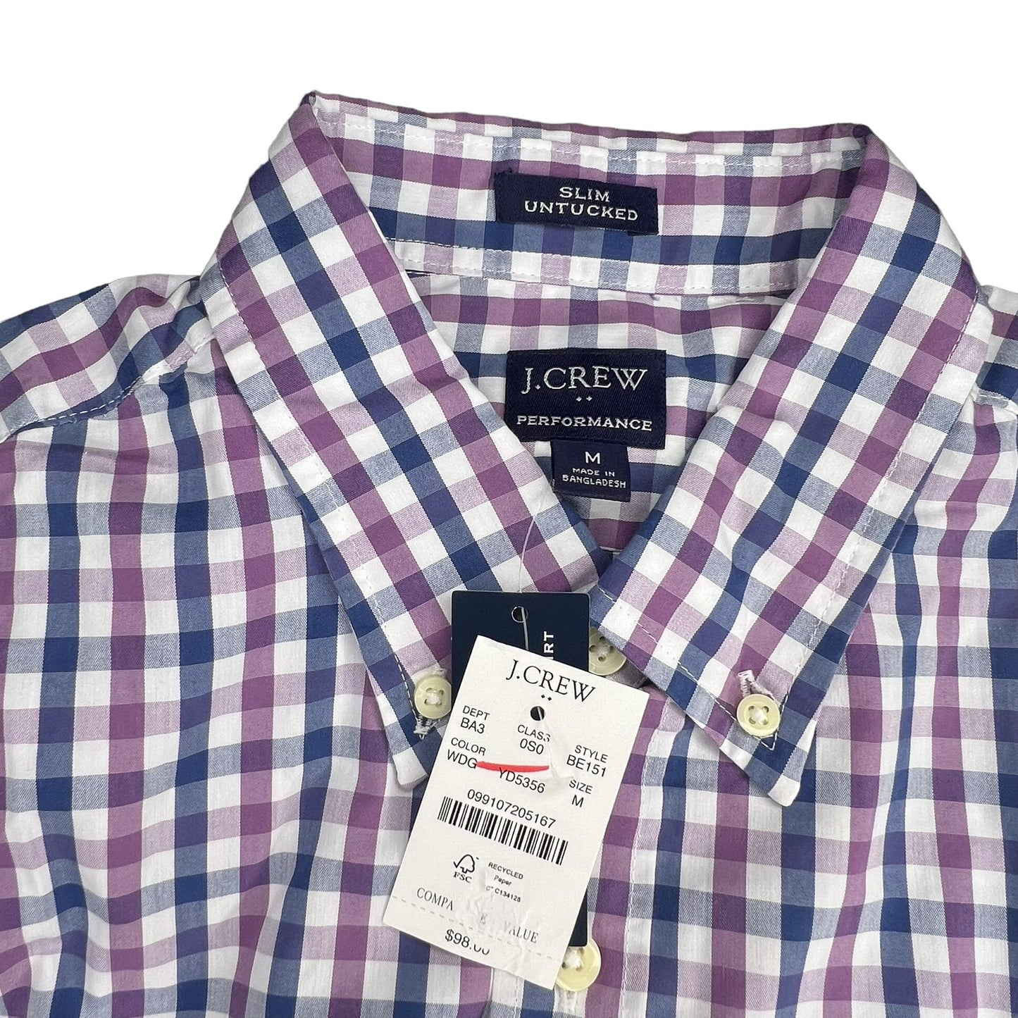 NWT J.Crew Performance Men's Medium Slim Untucked Purple Check Button-Down Shirt