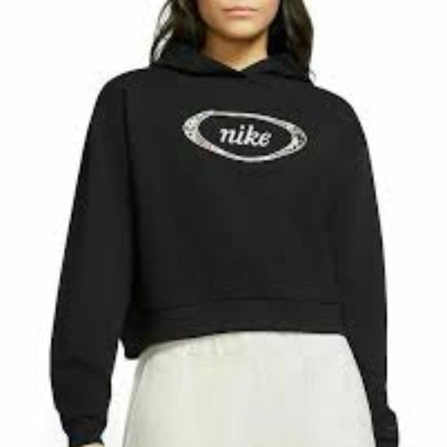 Nike Womens Cropped Pullover Hoodie Black Oval Script Logo Size XS