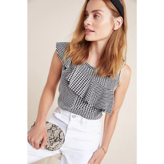 Anthropologie Dolan Callan Ruffled Black/White Houndstooth Sleeveless Top-Women’s Large