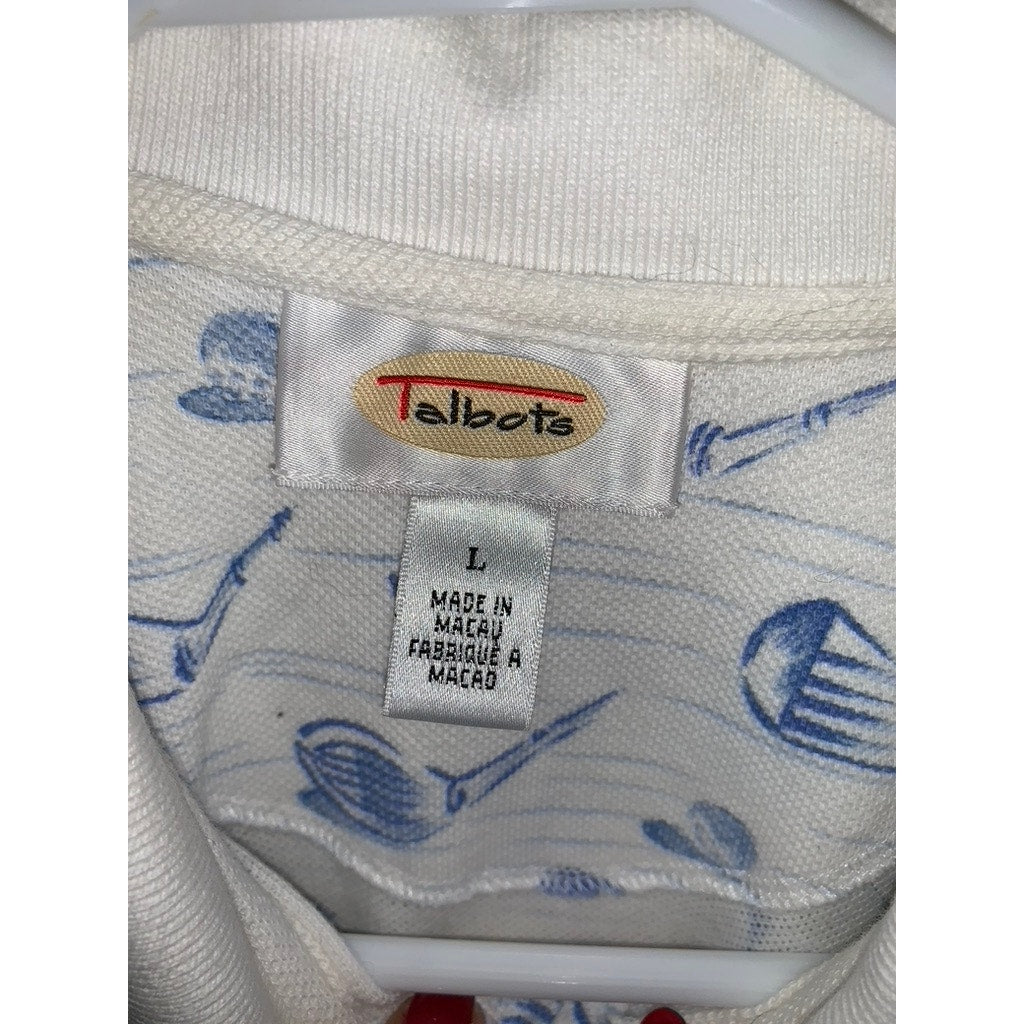 Talbots Women's Polo Shirt Golf Print White Short Sleeve Size Large Casual