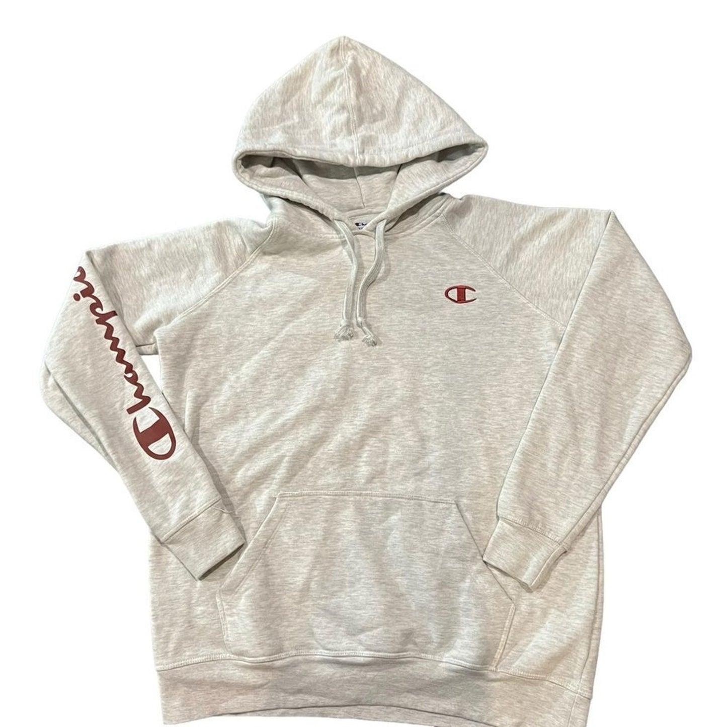 Champion Hoodie Womens Size Small Oatmeal Heather Pullover Script Sleeve Logo