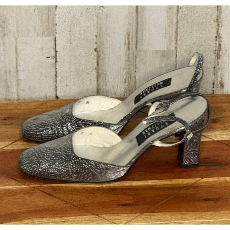 Stuart Weitzman Women's Silver Strappy Block Heels Formal Size 9