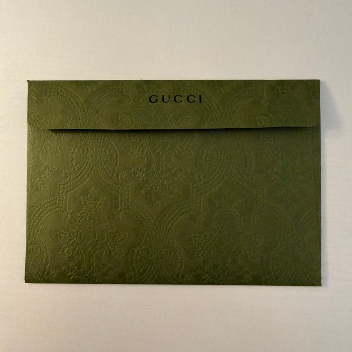 Gucci Gift Card Holder Green Embossed Damask Pattern Black Logo