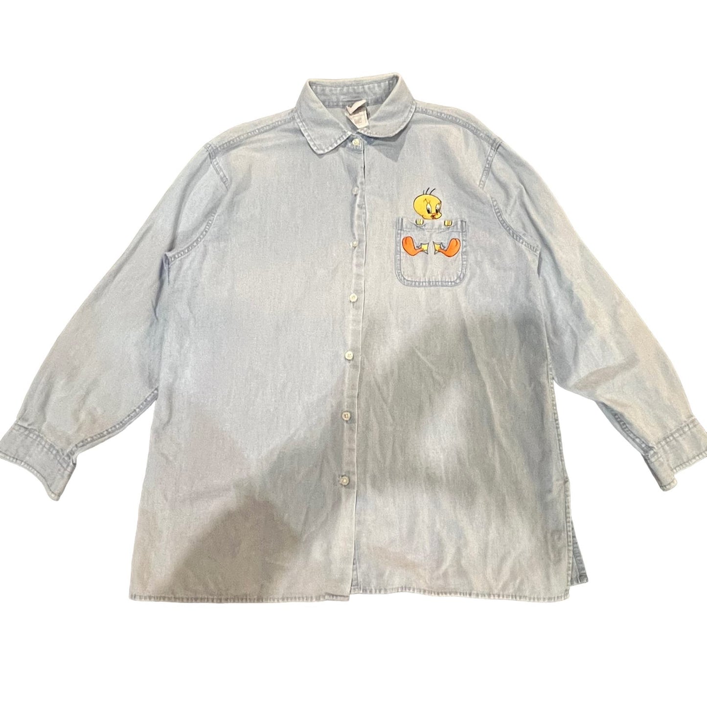 Vintage 90s Warner Bros Women's Medium Looney Tunes Tweety Chambray Button-Up