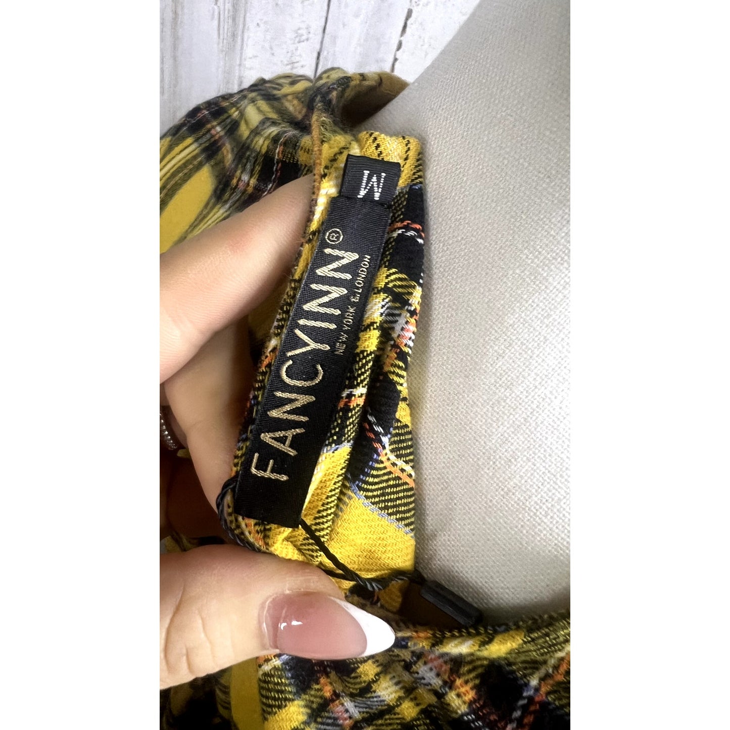 Fancyinn Women's Large Yellow Buffalo Plaid Shift Tunic Dress Long Sleeve V-Neck