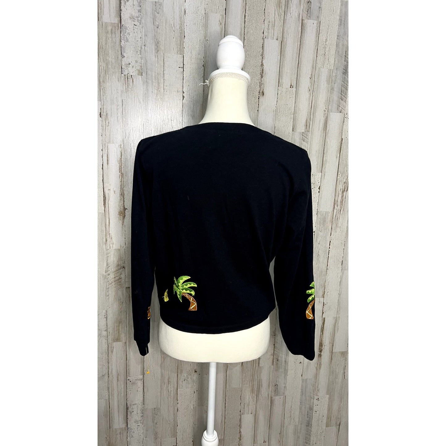 Vintage Emma Tricot Embroidered Beach Themed Cardigan Black Women's Small