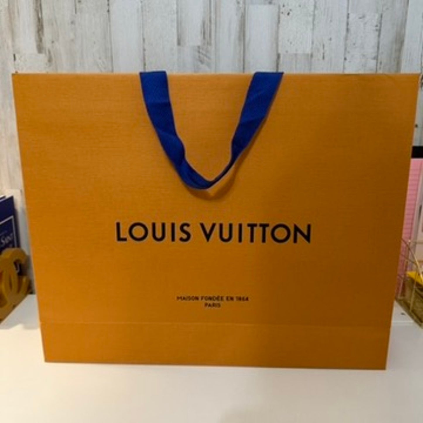 Louis Vuitton Shopping Bag Orange Large Gift Tote Blue Ribbon Handles