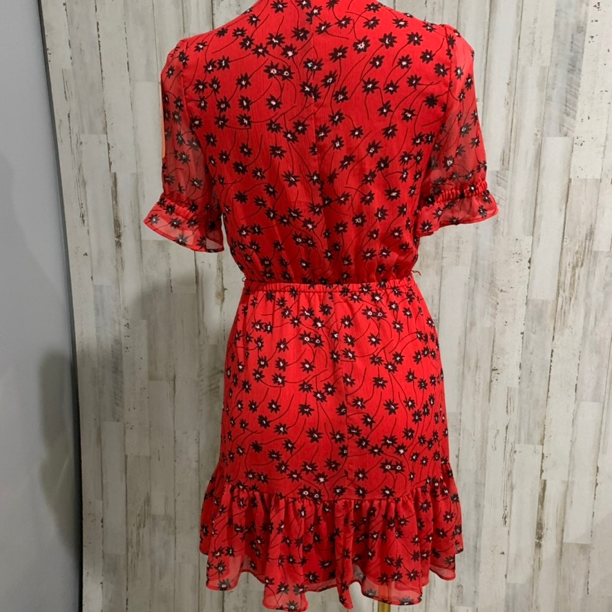 Express Dress Womens XS Red Black Floral V-Neck Ruffle Hem