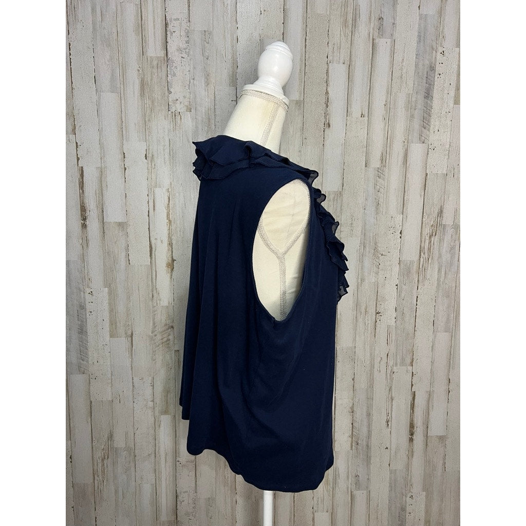 Chaps Women's 3XL Navy Blue Sleeveless Ruffle Collar Blouse Casual