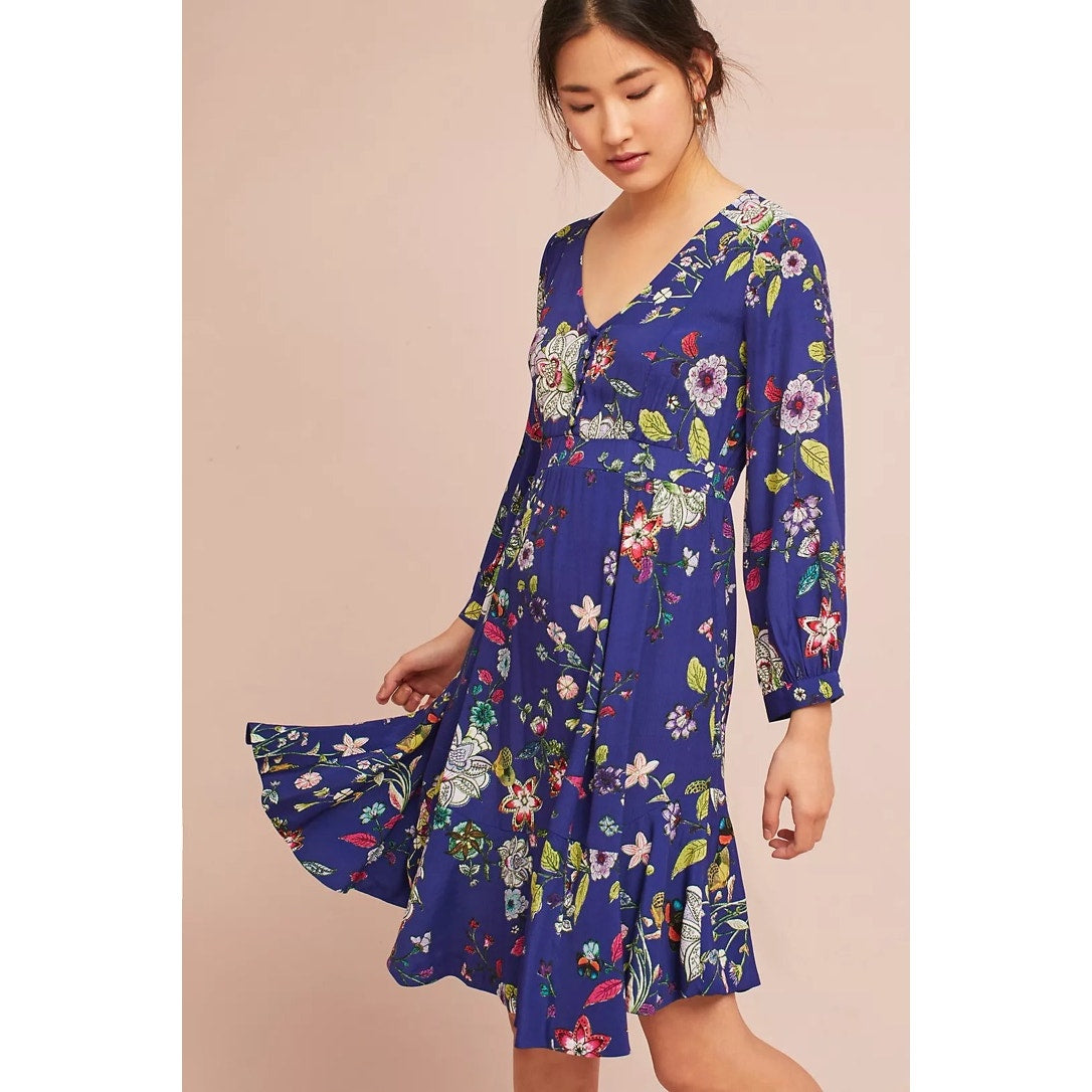 Maeve by Anthropologie Women's XS Blue Floral Long Sleeve Knee Length Dress