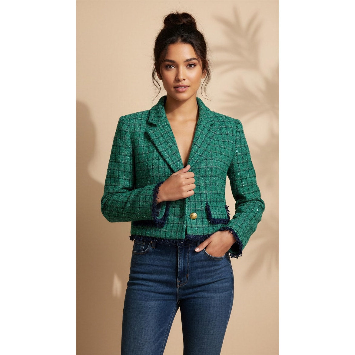 NWT TOCCIN Jacket Womens Size 4 Green Tweed Sequin Cropped Fringe Trim Gold